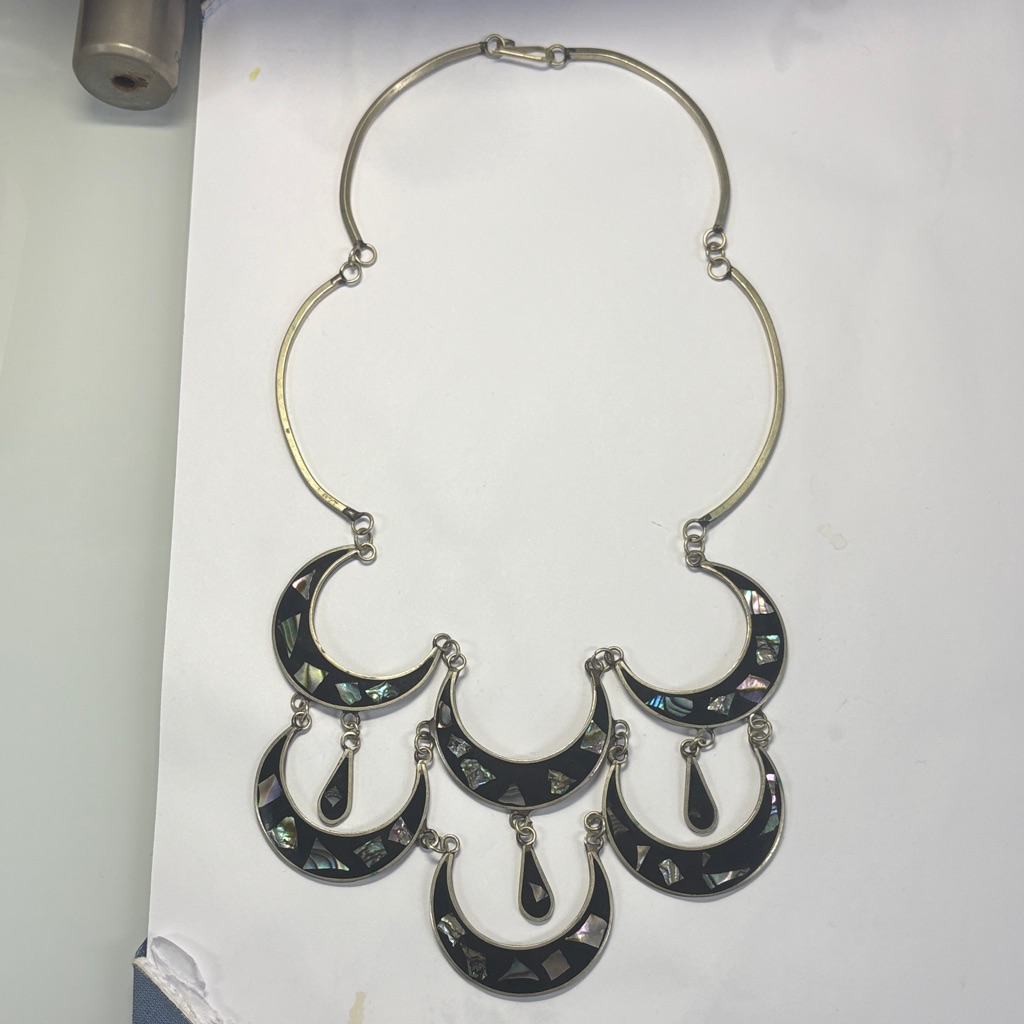 Vintage Alpaca Silvertone Black Enamel & Abalone Crescent Bib Necklace